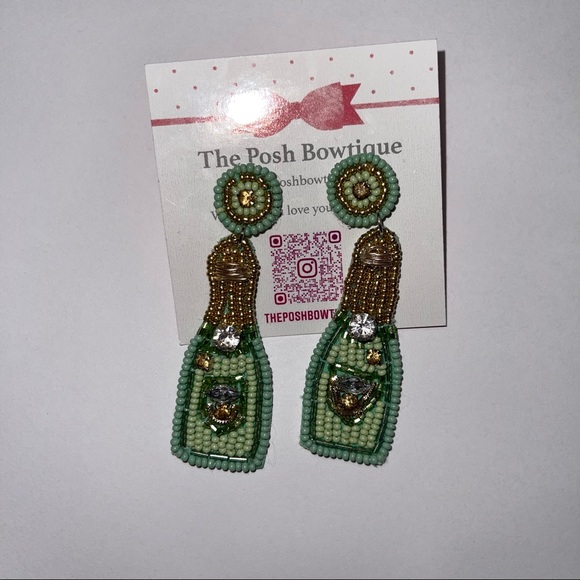 Mint Green Seed Beaded Champagne Bottle Statement Drop Earrings - Picture 8 of 11